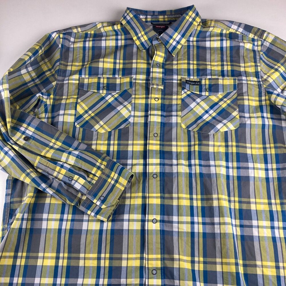Wrangler Outdoor Men's 2XL Plaid Western Snap Shirt Blue Yellow Stretch